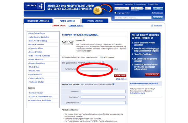 Screenshot Paybackanmeldung