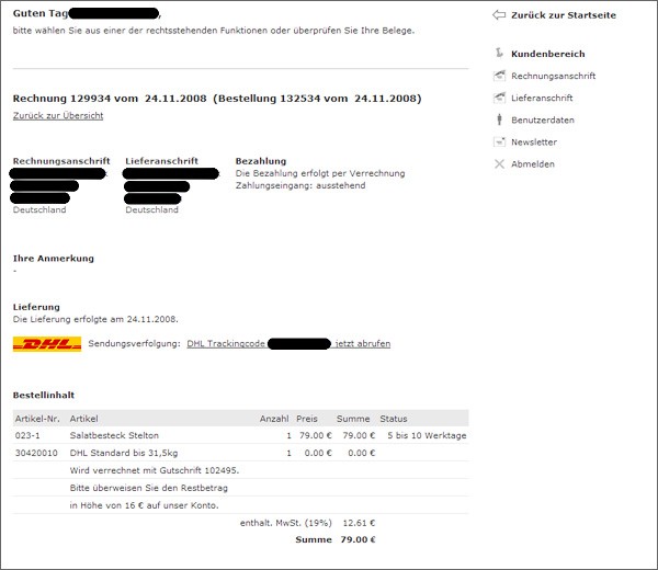 Kundenbereich - Rechnungsdetails