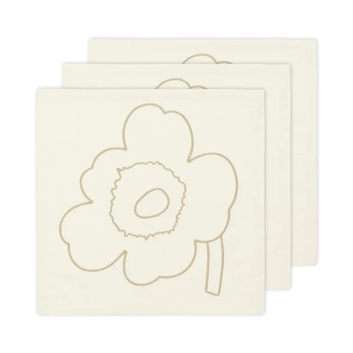 Piirto Unikko Satin Servietten, 43 x 43 cm, off-white / straw (3er-Set) von Marimekko