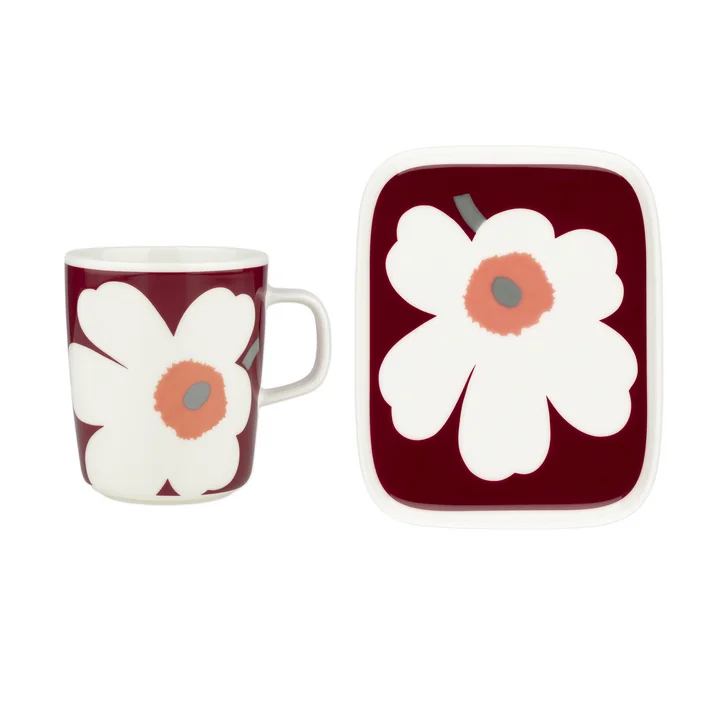 Unikko 60th Anniversary Becher mit Henkel & Teller, weiß / dark cherry / ash grey (2er-Set) von Marimekko