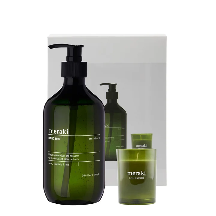 Meraki - Geschenk-Box Küche, Kitchen essential Anti-Odour Handseife (490 ml) & Green herbal Kerze