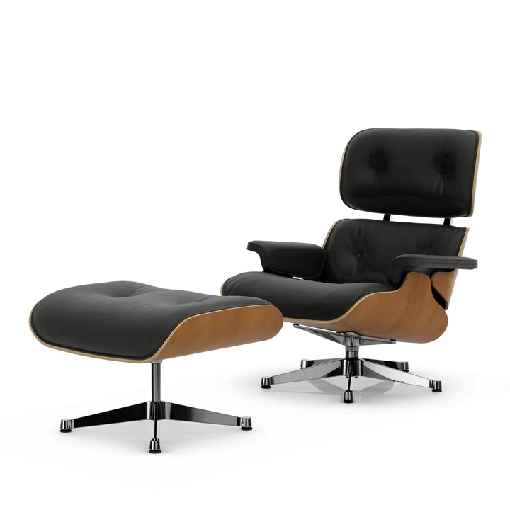 Vitra - Lounge Chair & Ottoman, poliert, Kirsche natur, Leder Premium F, nero 