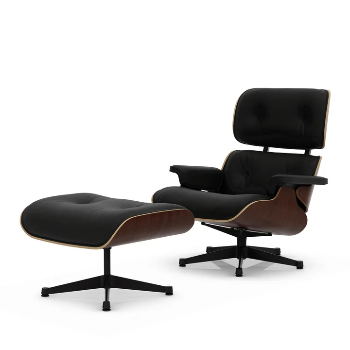 Vitra - Lounge Chair & Ottoman, schwarz, Nussbaum dunkel, Leder Premium F, nero 