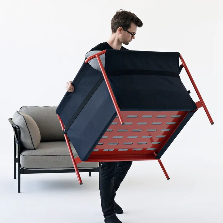 Can Sessel in rot / Canvas blau / Canvas grau von HAY 