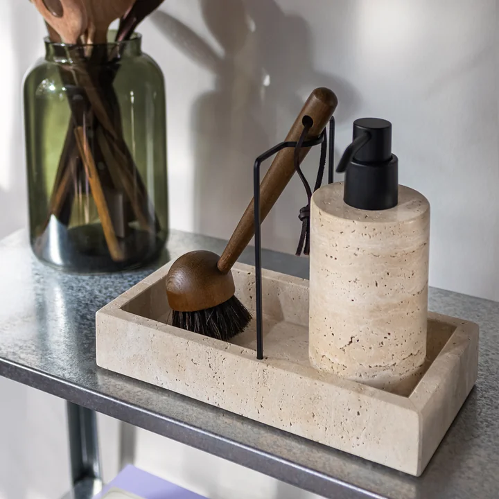 Mette Ditmer - Travertine Seifenspender, tall und Spülorganizer, leinen