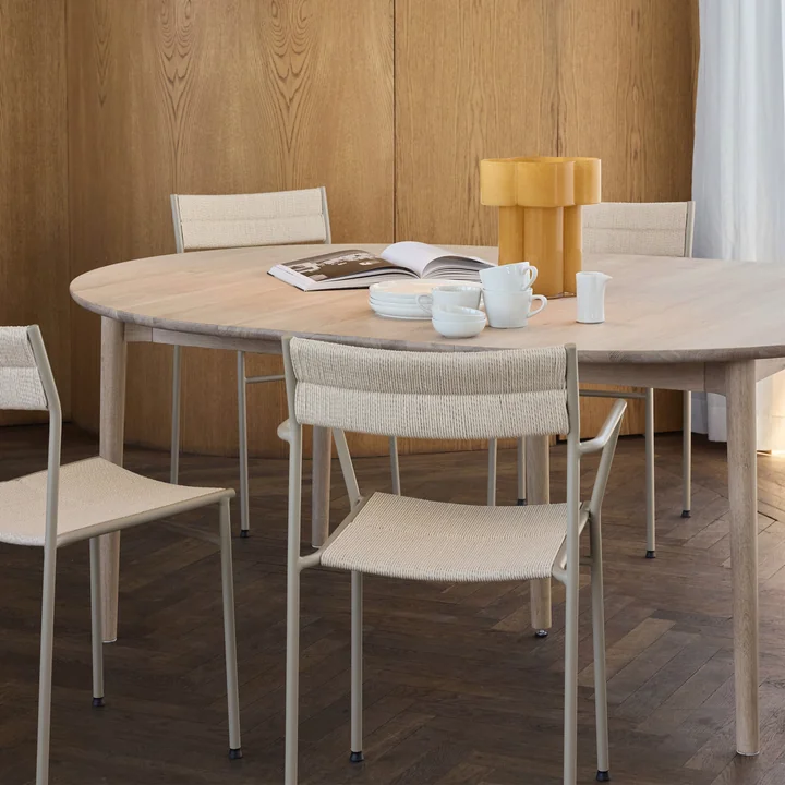 Northern - Expand Esstisch Ø 140 cm, Eiche hell geölt, Vev Stuhl, graubeige / Natur