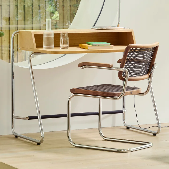 Thonet - S 64 V Armlehnstuhl, Chrom / Nussbaum / Rohrgeflecht mit Kunststoffstützgewebe dark melange