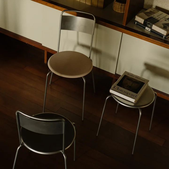 Frama - Petit Rond Stuhl, Edelstahl gebürstet / Leder natural