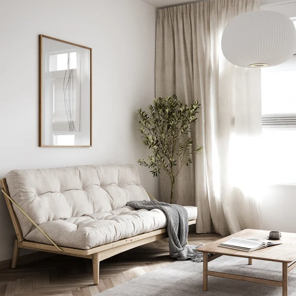Das Folk Schlafsofa von Karup Design im Wohnzimmer mit natürlichen Farben